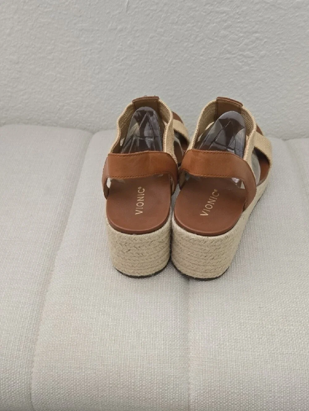 Vionic Brown & Beige T-Strap Slingback Wedge Sandals